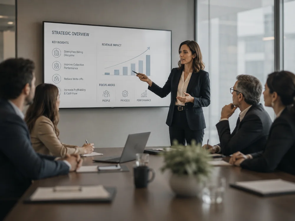 Executive leadership presentation illustrating strategic advisory and operational decision-making for law firms.