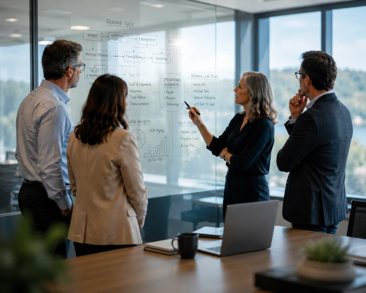Team collaborating to assess law firm operations and identify opportunities to improve financial performance.