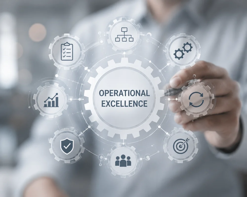 Illustration representing operational excellence, standardized systems, and workflow optimization for law firms.